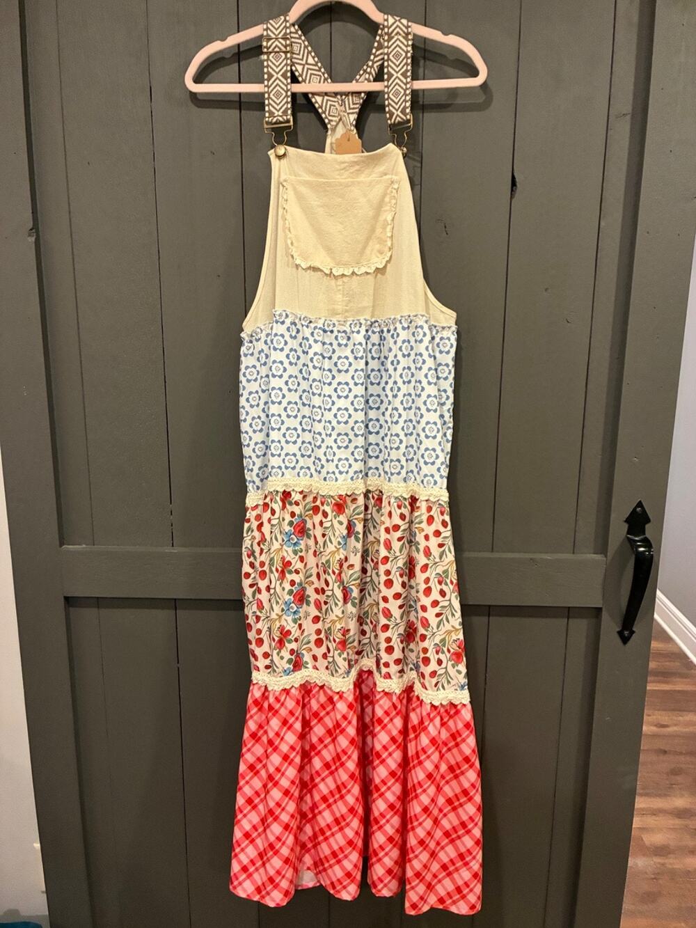 NWOT Women’s Patchwork Floral Gingham Pinafore Maxi Dress Boho Large